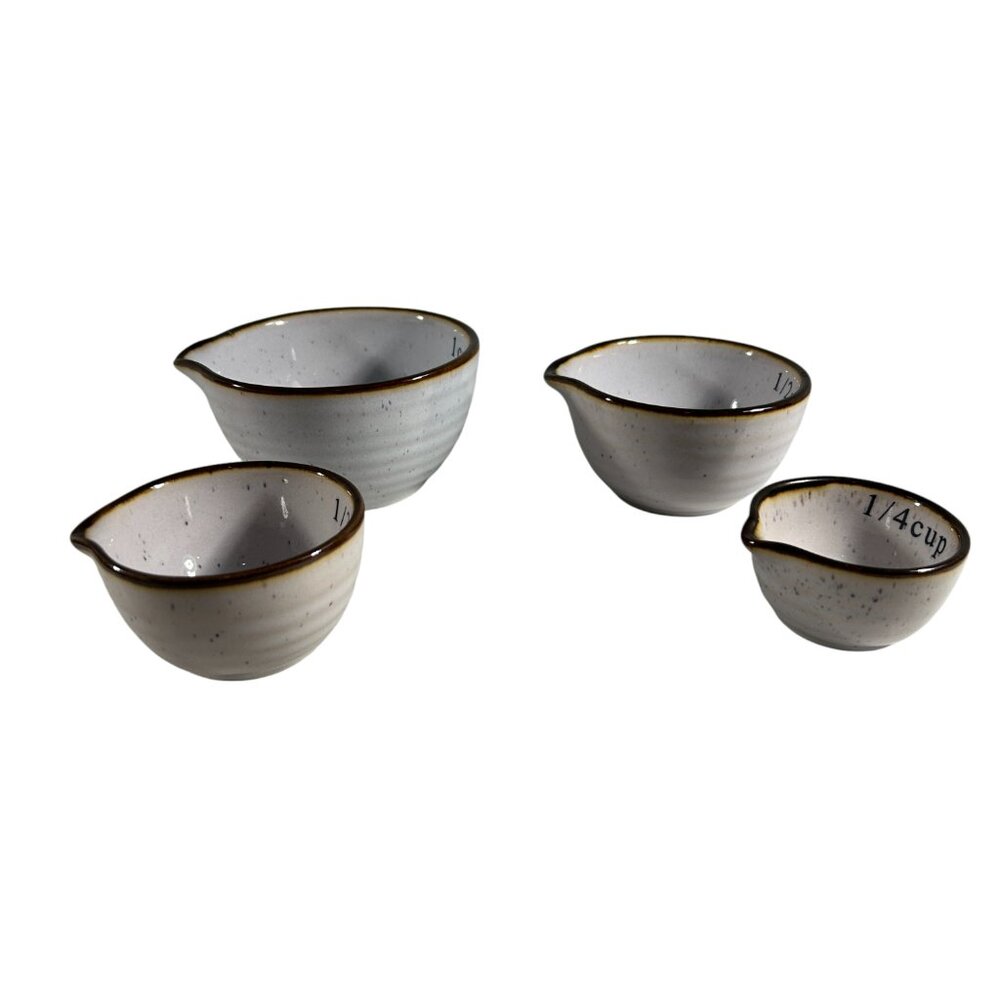 Gallery Set 4 Ceramic Brown Rim Measuring Cups Stackable Farmhouse Nesting - Picture 3 of 8